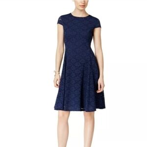 Alfani Navy Blue Lace Midi Dress Lined Cap Sleeves Size 10